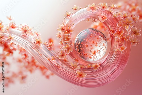 Abstract Pink Floral Sphere Artwork Swirling Glass and Cherry Blossoms