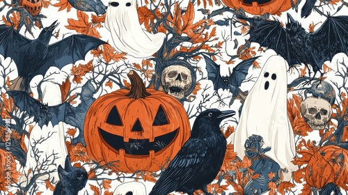 Whimsical autumn Halloween seamless pattern with ghostly creatures