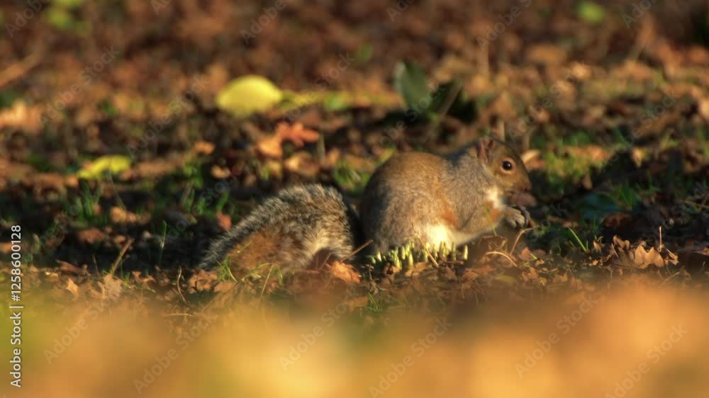 Grey squirrel in autumn woodland foraging for food Grey squirrel in autumn woodland foraging for food