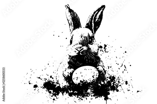 ink splash easter rabbit holding traditional egg