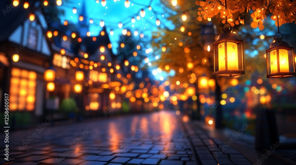 Fototapeta premium Romantic evening stroll down a charming street, illuminated by warm lantern lights and twinkling string lights.