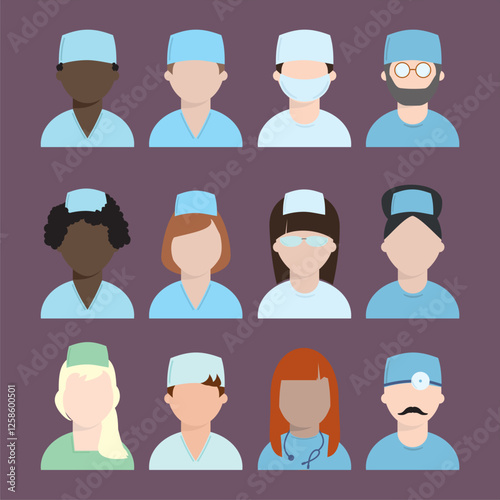 Icons for avatars on medical theme, women and men medics