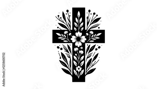 religious christian symbol of a cross with flowers in monochrome