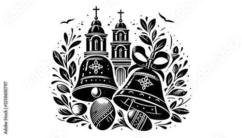 Easter bells with eggs and foliage – vintage stipple vector illustration