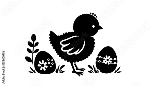Silhouette chick walking between Easter eggs – minimalist monochrome vector illustration