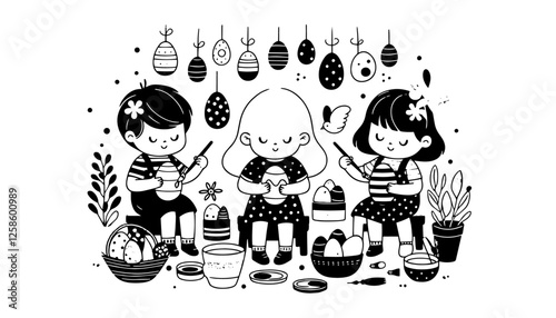 Children painting Easter eggs – playful hand-drawn vector illustration