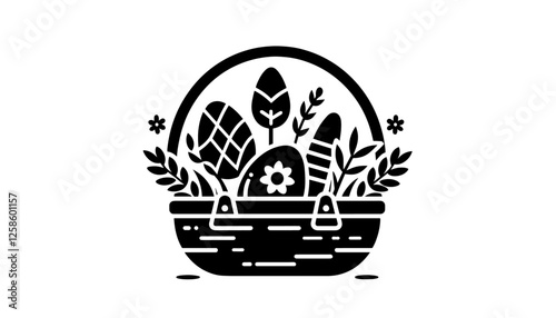 easter basket with eggs and leaves vector