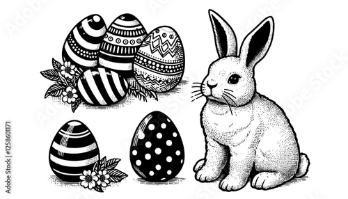 detailed easter bunny with decorated eggs in vintage vector style