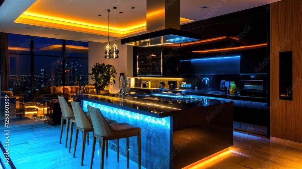 Modern Luxury Penthouse Kitchen with City Night View Modern Luxury Penthouse Kitchen with City Night View