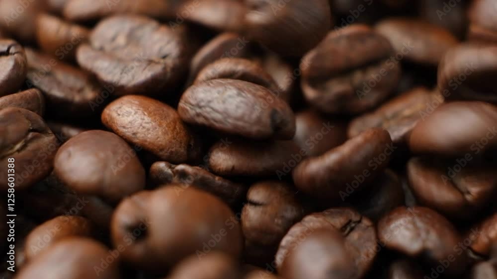 Decaf coffee beans pouring macro slow motion. Decaf coffee beans pouring macro slow motion.