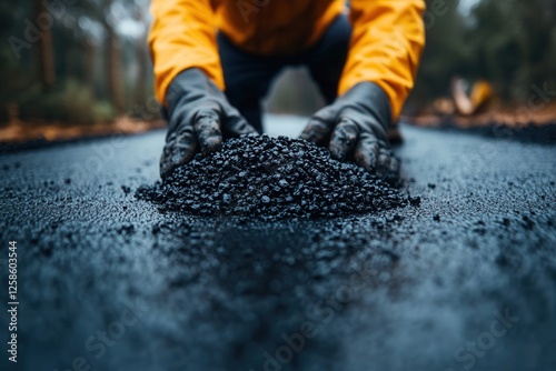 Worker laying asphalt on road construction site.
