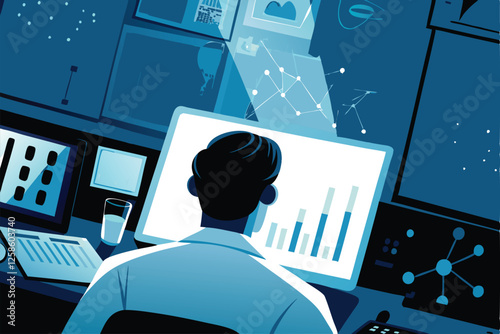 A focused scientist meticulously analyzes complex data charts displayed on a computer screen, engrossed in scientific research.