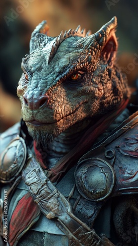 Armored Dragonborn Warrior Detailed Digital Fantasy Art Portrait with Mythic Armor Design and Amber Eyes photo