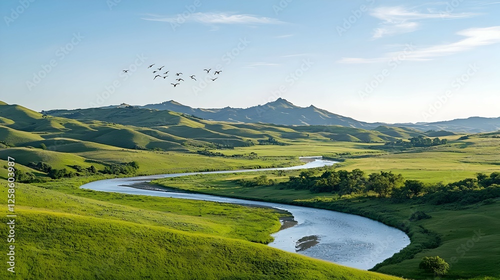 Fototapeta premium Serene River Winding Through Green Hills