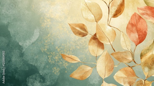 Autumn Leaves Textured Splendor with a Soft Gold and Teal Watercolor Backdrop and Gentle Light photo