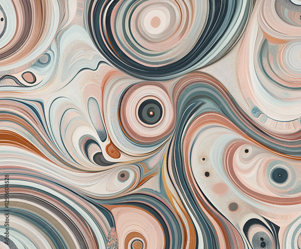 Fototapeta premium Abstract Swirl: Earthy Tones: A captivating abstract artwork featuring swirling patterns in muted earthy tones of beige, blush pink, teal, and charcoal gray.