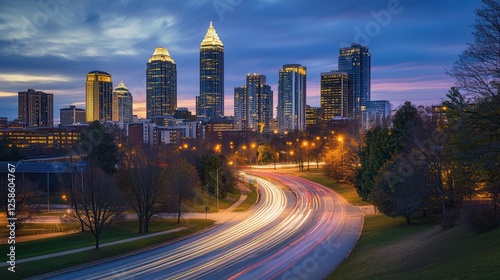 Aerial view showcasing a vibrant city skyline featuring a busy highway and a selection of modern buildings against a clear sky backdrop.