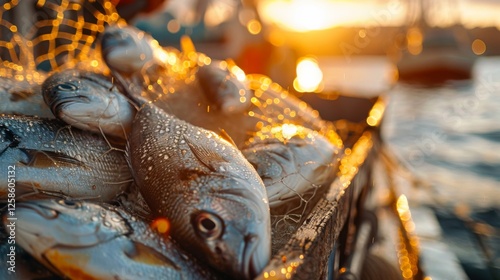 Fishermen unload a catch of vibrant fish from their nets as sunlight reflects on the water, creating a picturesque scene at the busy fishing port in the morning.