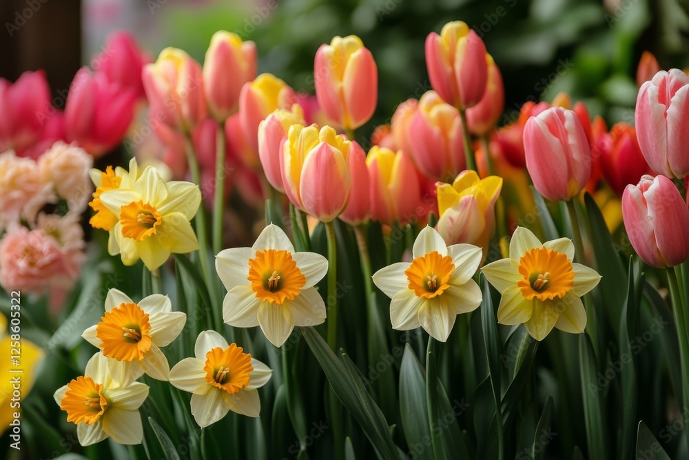 Colorful daffodils and tulips create a vibrant display in a springtime garden Colorful daffodils and tulips create a vibrant display in a springtime garden