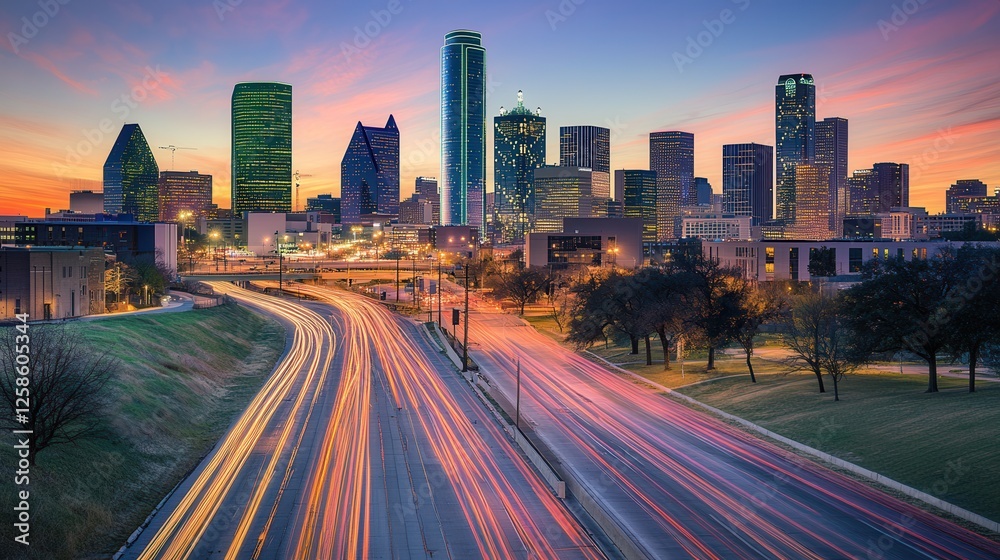 Fototapeta premium Aerial view of a vibrant city skyline featuring a busy highway with several cars traversing the landscape.