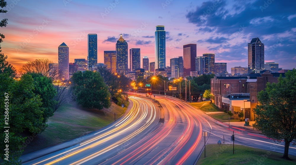 Fototapeta premium Aerial view showcasing a vibrant city skyline, featuring a bustling highway and illuminated street light against a twilight backdrop.