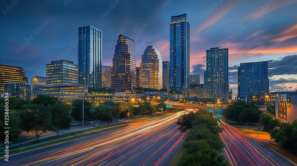 Fototapeta premium Stunning urban skyline featuring a busy highway lined with vehicles, showcasing the vibrant energy of city life at dusk.
