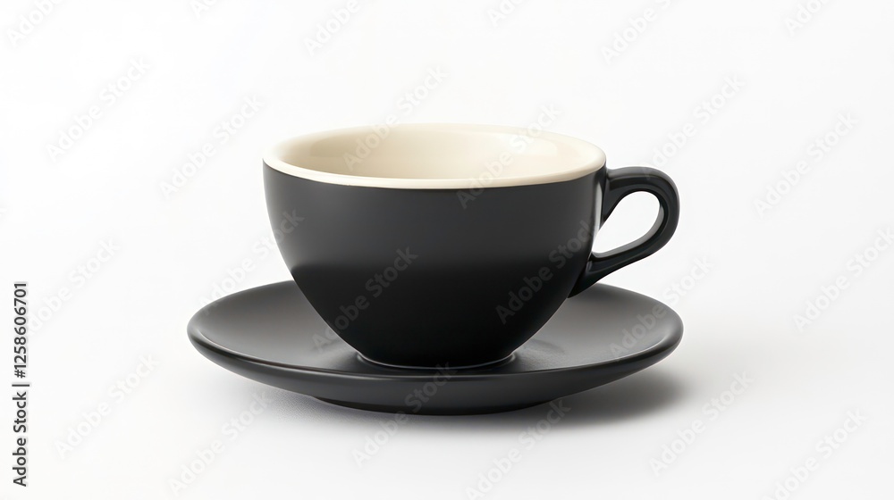 A tight shot of a coffee cup on a black saucer against a white background A tight shot of a coffee cup on a black saucer against a white background