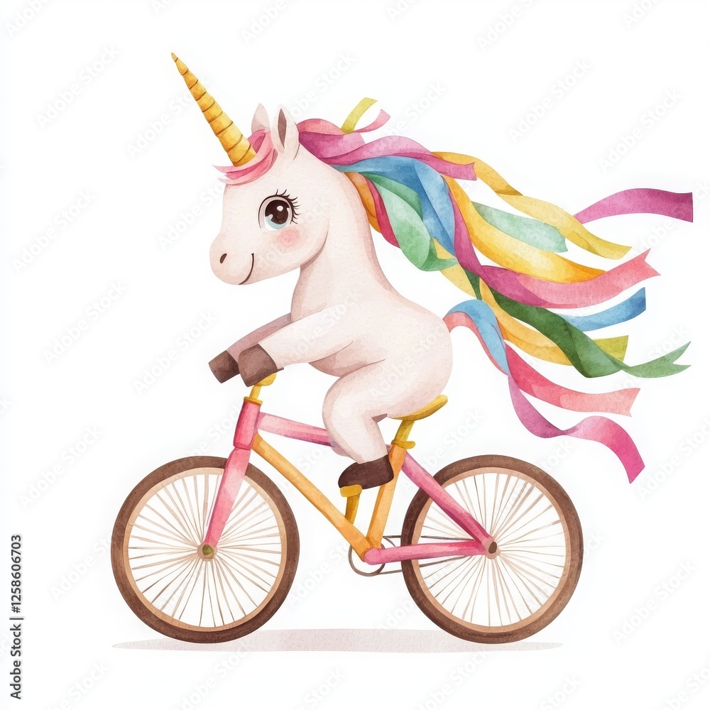 Unicorn fantasy sparkles with charm. A whimsical unicorn riding a bicycle with colorful ribbons flowing in the wind. Unicorn fantasy sparkles with charm. A whimsical unicorn riding a bicycle with colorful ribbons flowing in the wind.