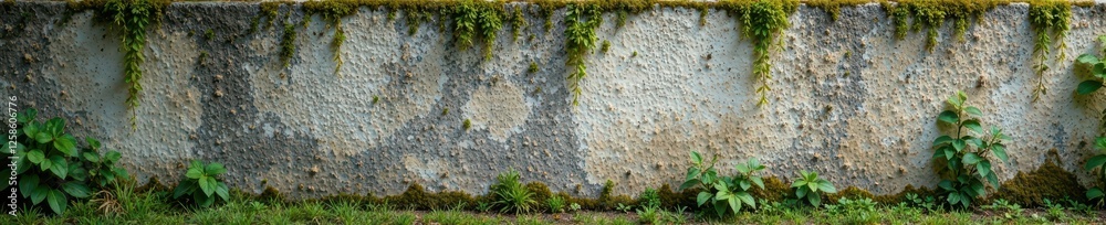 Concrete wall with moss and lichen growing on it, verdant, weathered Concrete wall with moss and lichen growing on it, verdant, weathered