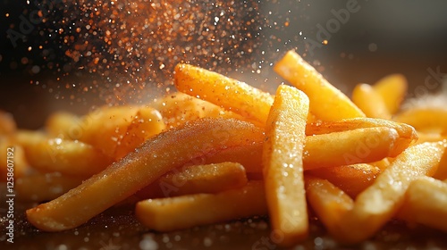 A close-up of crispy, golden-brown french fries sprinkled with seasoning in slow motion. The sizzling texture and vibrant details capture the delicious and indulgent nature of fast food photo