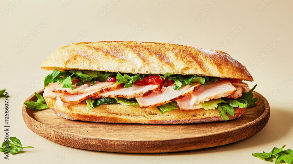 Premium sandwich artfully styled on a rustic wooden plate against a modern beige backdrop Premium sandwich artfully styled on a rustic wooden plate against a modern beige backdrop