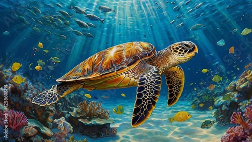 Peaceful Turtle Swimming in the Ocean Depths with Tiny Fish Around
 photo