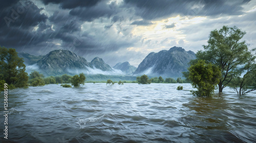 A great storm caused by God when the water level rose and submerged the world, the great flood that occurred according to the Bible. photo