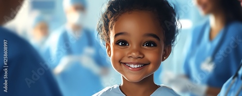 Wallpaper Mural A joyful young girl in medical scrubs smiles brightly, embodying hope and happiness in a healthcare setting, surrounded by medical professionals reflecting a caring environment. Torontodigital.ca
