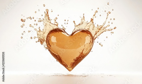 Amber heart liquid splash, love concept, white background, romantic design, Valentine's use