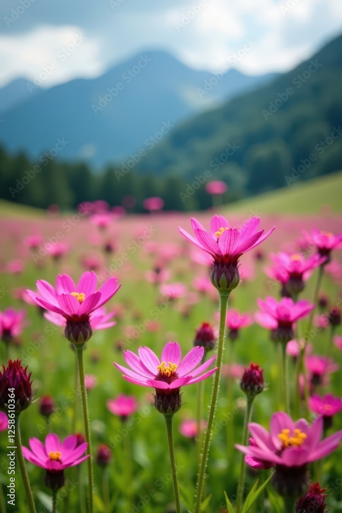 Obraz premium Horizontal arrangement of pink Erinus alpinus flowers in a meadow landscape, pink, nature