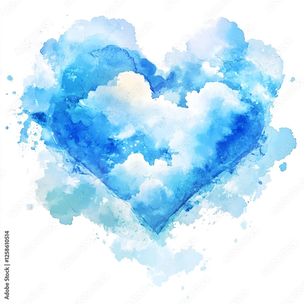 Obraz premium Abstract Watercolor Heart Blue Sky Clouds Romantic Design Artistic Painting Illustration Lovely Heavenly Peaceful Serene Tranquil Tender Feeling Love 