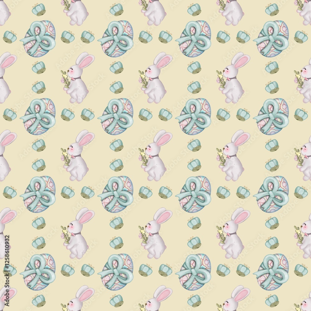 Seamless pattern on the theme of Easter, spring. cute Easter bunny and with flowers. Easter Eggs, pastel colors design hand drawn. Seamless pattern on the theme of Easter, spring. cute Easter bunny and with flowers. Easter Eggs, pastel colors design hand drawn.