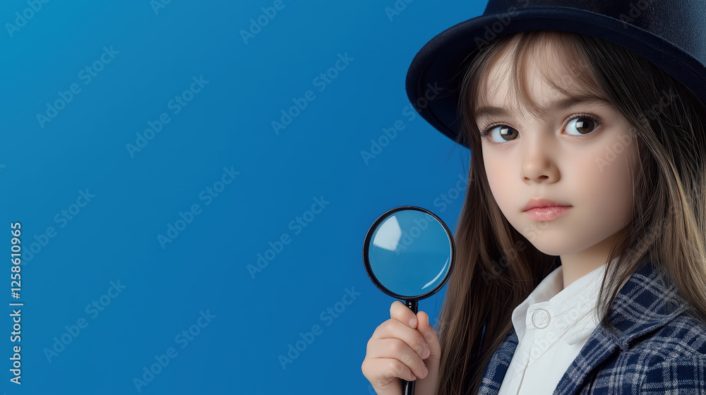 Girl in detective hat with magnifying glass on blue background. Educational content Girl in detective hat with magnifying glass on blue background. Educational content