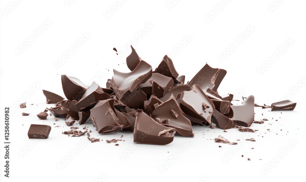 Fototapeta premium Broken dark chocolate pieces on white background, food photography for packaging