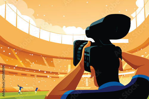 A dedicated sports photographer, amidst the vibrant energy of a packed stadium, skillfully captures the intense action of a sporting event, focusing on a crucial moment of the game.