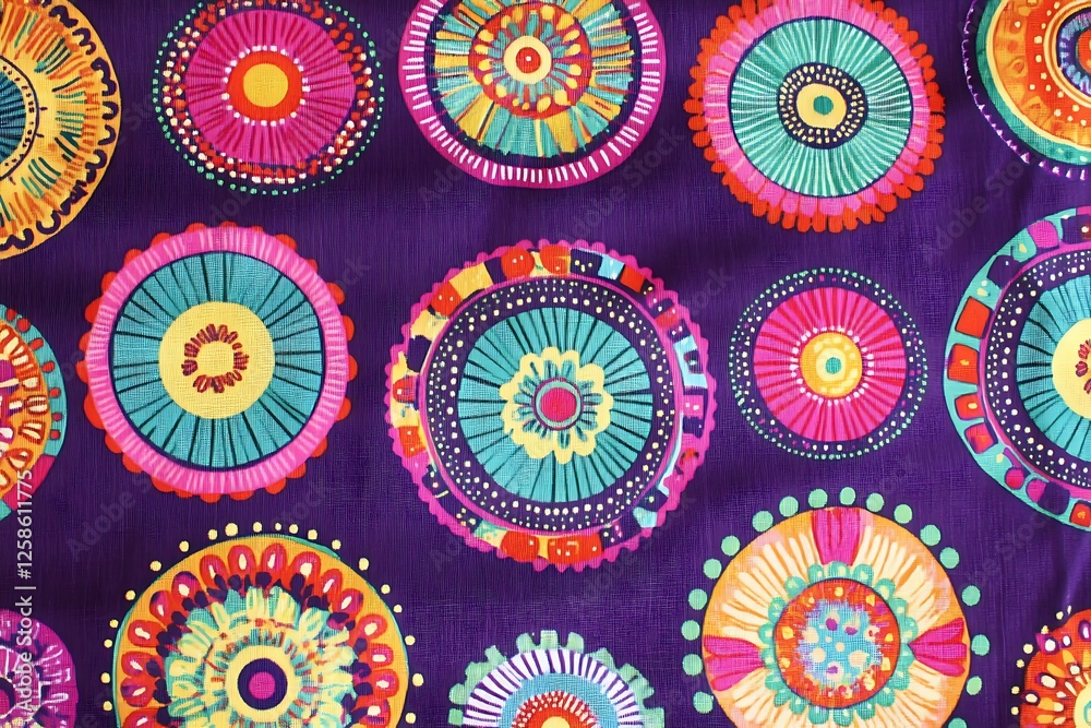 A Mayan pattern of colorful circular shapes with intricate designs, resembling traditional folk art motifs A Mayan pattern of colorful circular shapes with intricate designs, resembling traditional folk art motifs