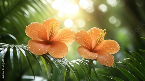 Fototapeta Naklejka Na Ścianę i Meble -  Orange hibiscus flowers in a tropical jungle
