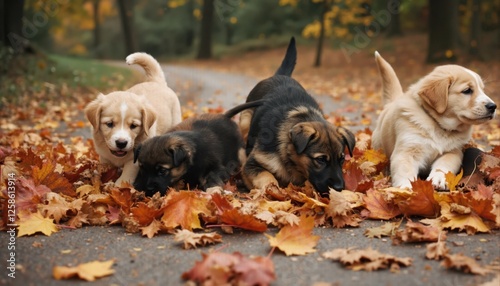 A group of curious puppies sniff and explore a path covered in vibrant autumn leaves, enjoying the crisp seasonal air. photo