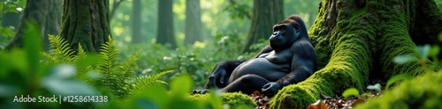 Giant gorilla resting in a clearing amidst giant ferns and moss, moss, relaxation