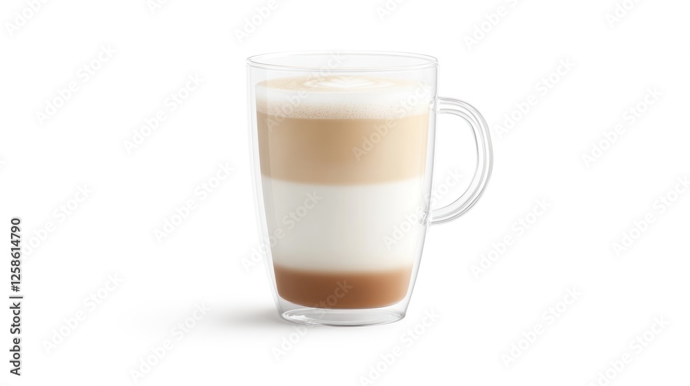 Layered Latte Coffee Drink in Glass Mug White Background Layered Latte Coffee Drink in Glass Mug White Background