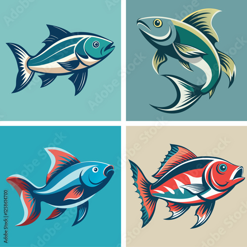 cute sea fish set, freshwater aquarium cartoon fish for print, children development, Varieties of decorative colored fish