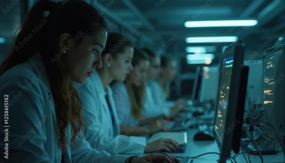 Fototapeta premium A group of female scientists in lab coats study and analyze complex digital data on futuristic computer screens in a high-tech research laboratory.