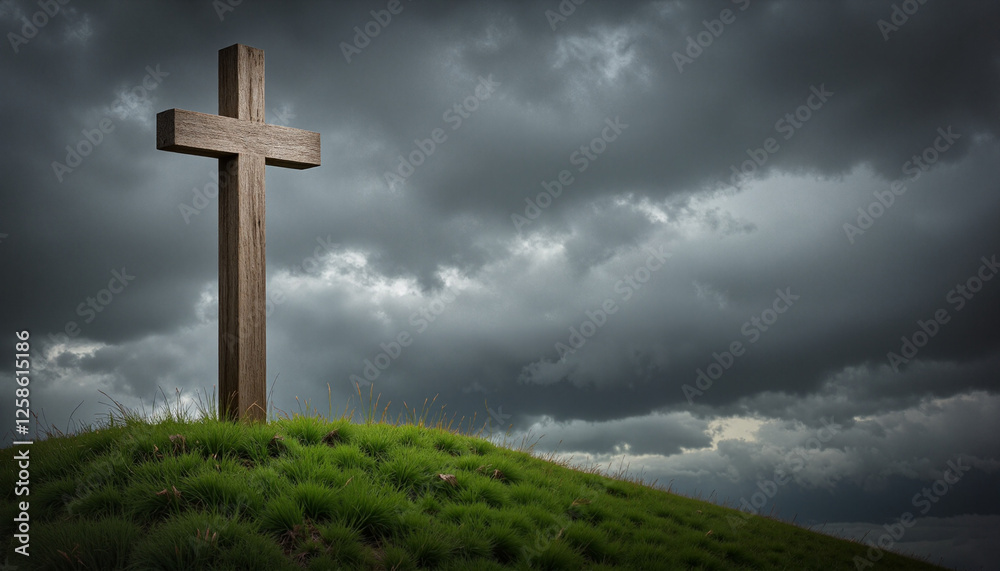 Rustic wooden cross on grassy hill under dramatic cloudy sky, solemn ambiance for Good Friday Rustic wooden cross on grassy hill under dramatic cloudy sky, solemn ambiance for Good Friday