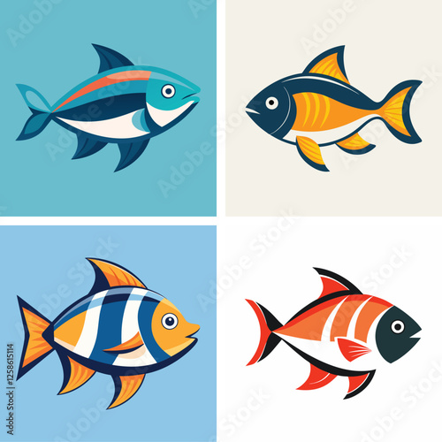 cute sea fish set, freshwater aquarium cartoon fish for print, children development, Varieties of decorative colored fish